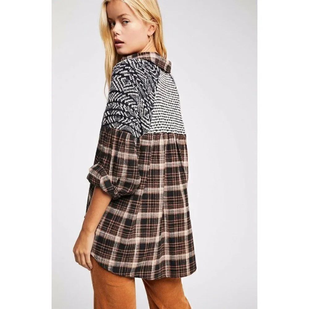 NEW FREE PEOPLE Sz S FIRESIDE NIGHTS BUTTONDOWN PLAID MIXED MEDIA
